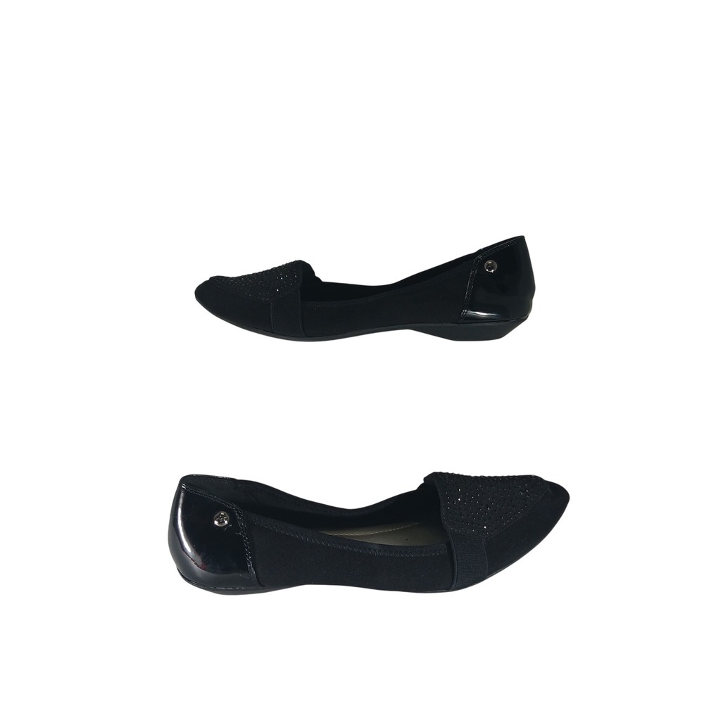 Anne Klein AK Sport Orlena Flats 7M Black Rhinestone Patent Office Chic